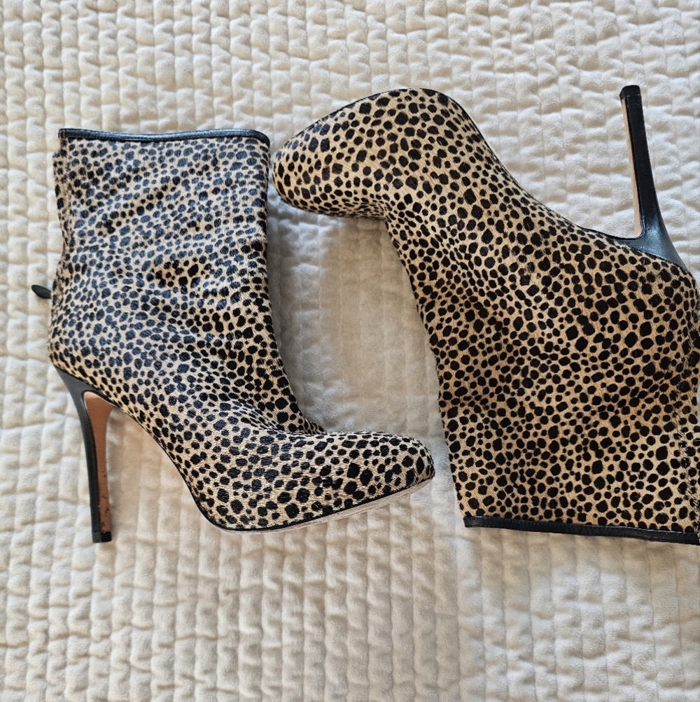 Ann Taylor Black and Tan Cheetah Print Mohair Heeled Ankle Booties